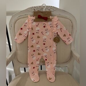 🤍 3~6 Mth Pink Snowman, Gingerbread, Candy Cane Ruffle Footie & Hair bow Set